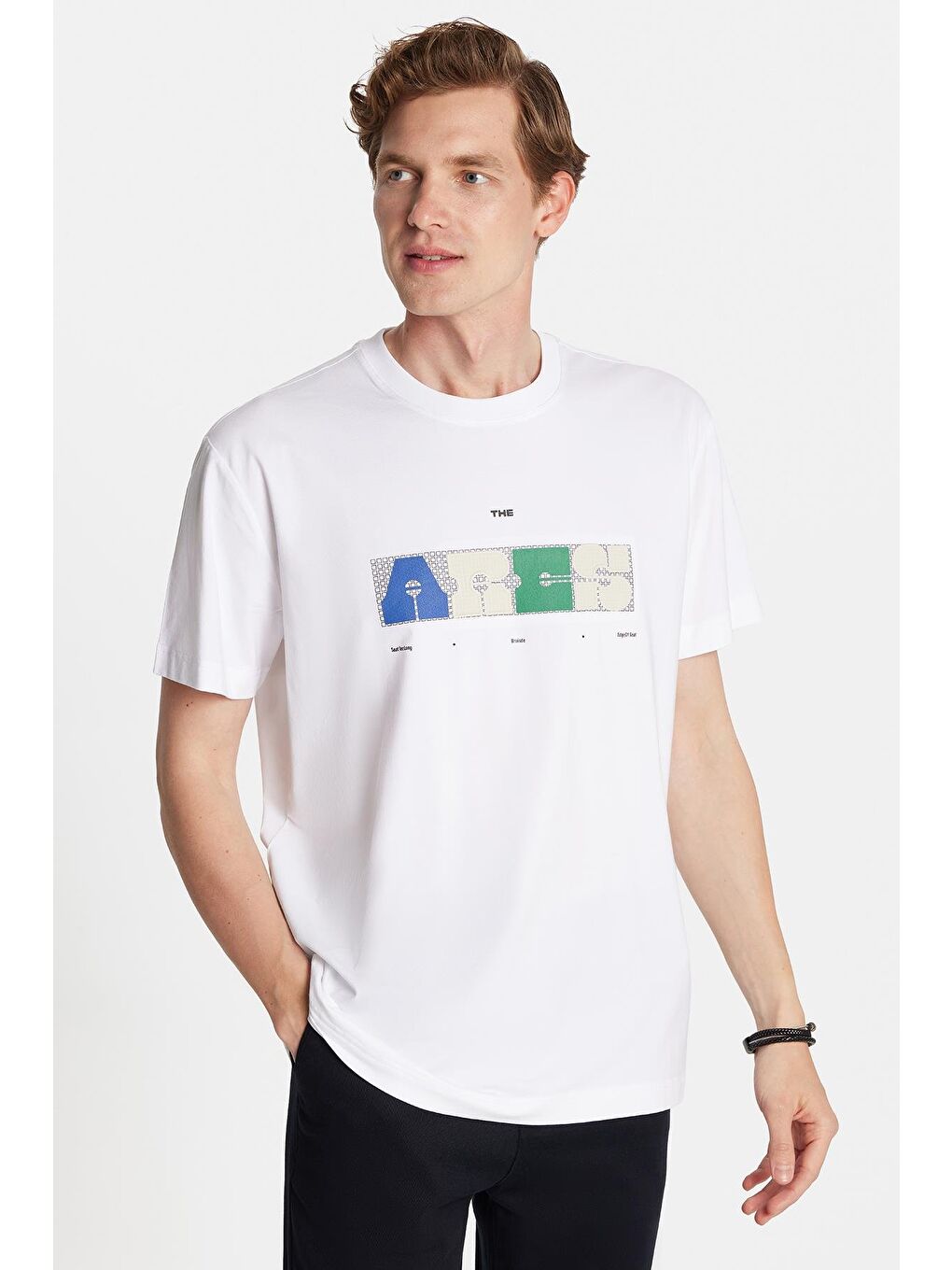 Relax Fit Rahat Kesim Pamuklu Ön Baskı Detaylı Bisiklet Yaka Beyaz Erkek Tişört-2