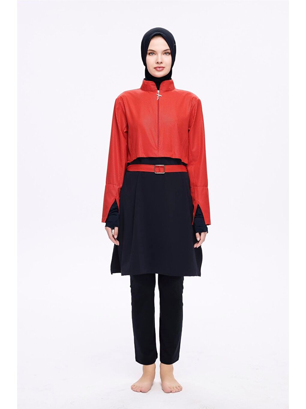 Kemer Toka Detaylı Dokulu Kumaş Kırmızı 5 Parça Tam Tesettür Mayo Takımı 5052