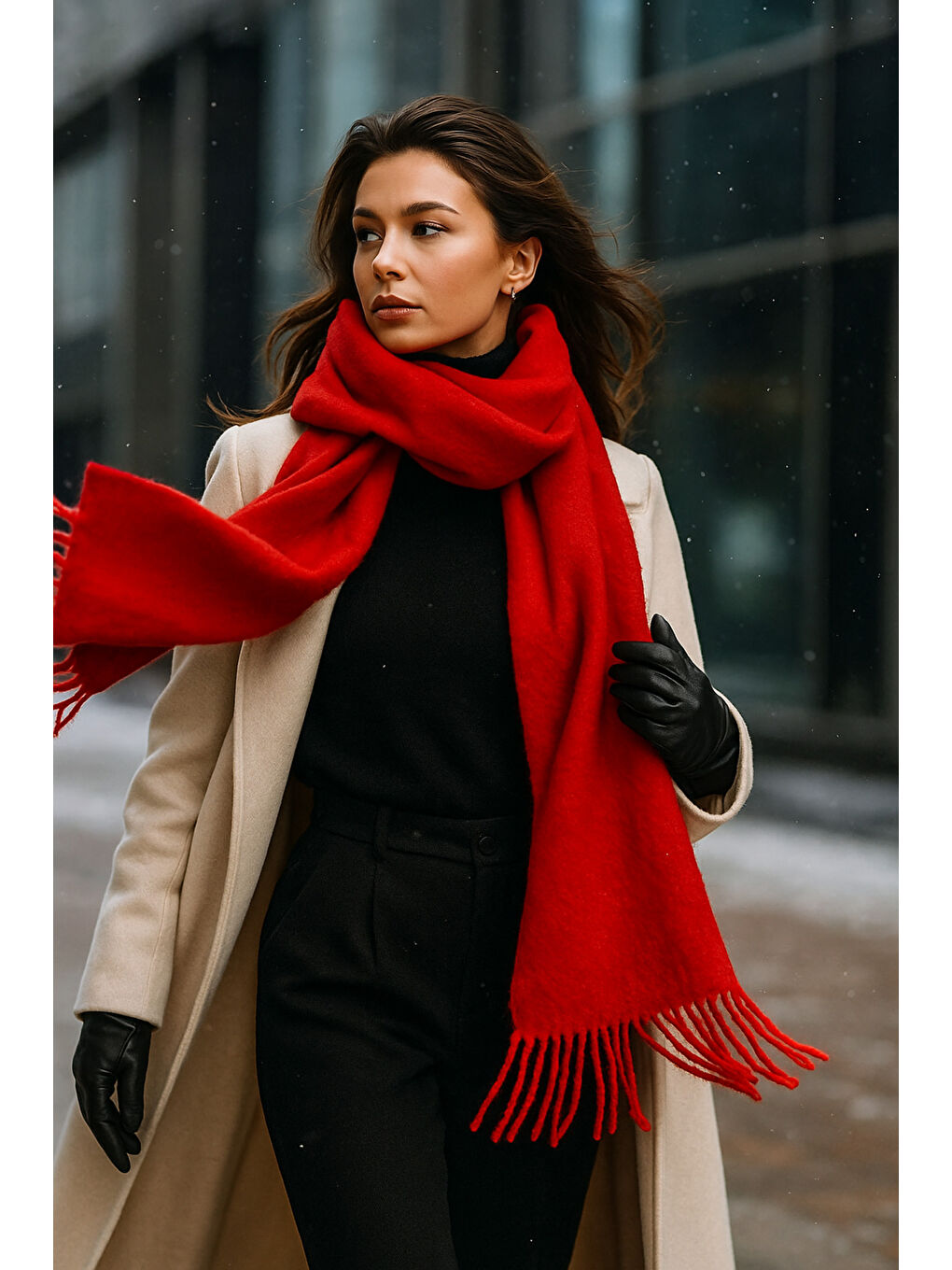 Kırmızı Püsküllü Atkı – Şal Ve Geniş Yapı, Soğuk Hava Için Ideal Sal1296-3