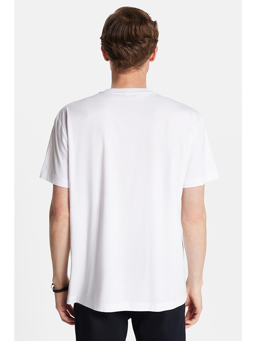 Relax Fit Rahat Kesim Pamuklu Ön Baskı Detaylı Bisiklet Yaka Beyaz Erkek Tişört-4
