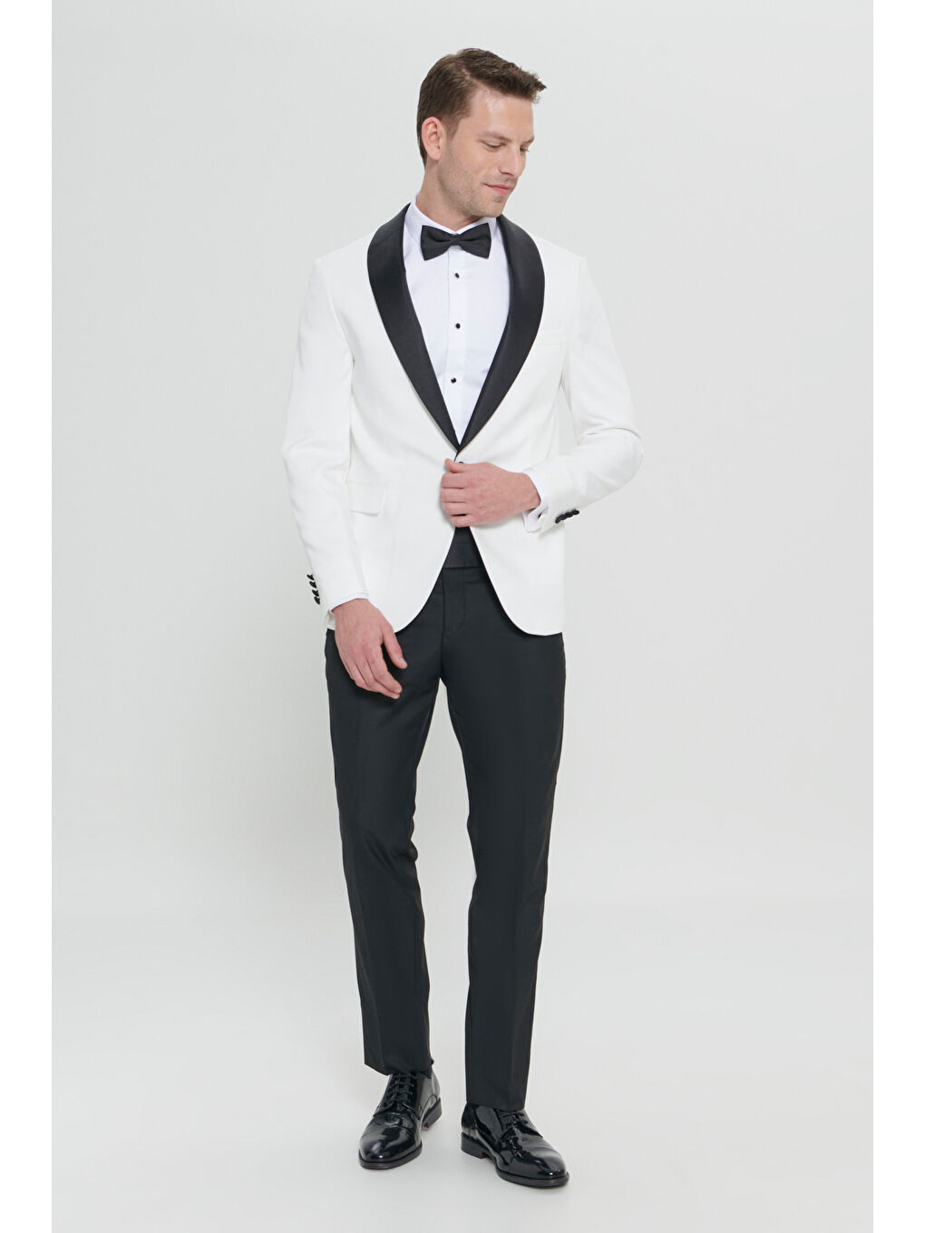 Erkek Beyaz-Siyah Slim Fit Dar Kesim Şal Yaka Armürlü Smokin Takım-3