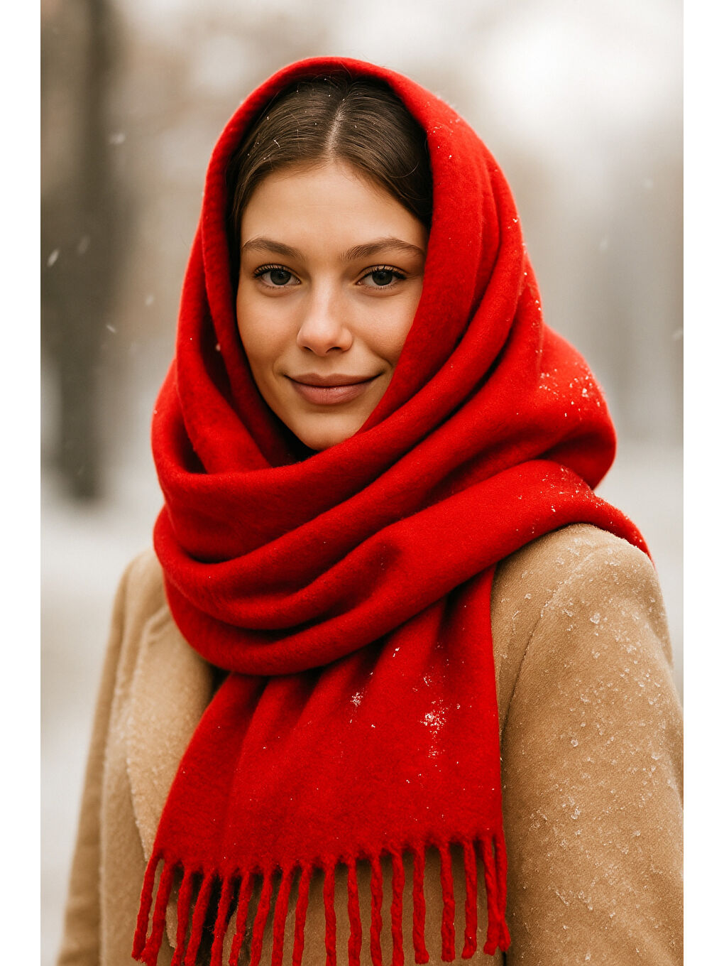 Kırmızı Püsküllü Atkı – Şal Ve Geniş Yapı, Soğuk Hava Için Ideal Sal1296-4