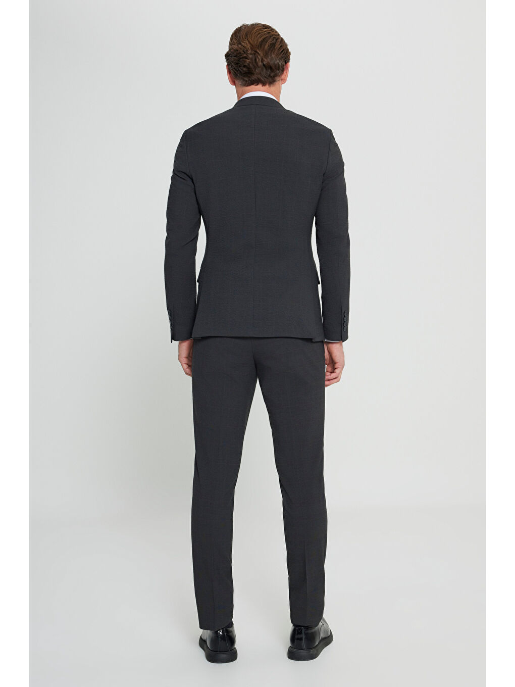 Erkek Antrasit-Kahverengi Ekstra Slim Fit Dar Kesim Kırlangıç Yaka Kapak Cepli Gofre Desenli Esnek-6