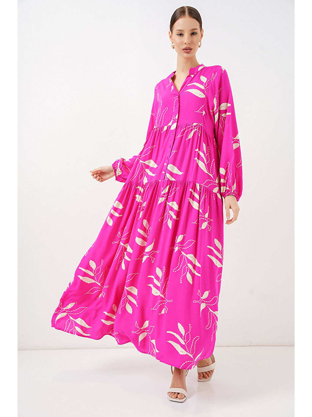 Kadın Desenli Uzun Tesettür Elbise 2585 - Y.Fuşya