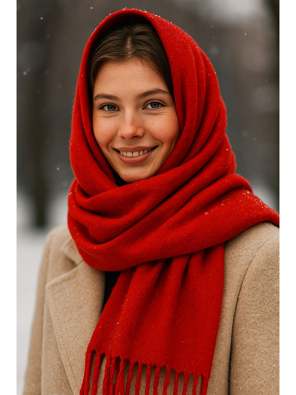 Kırmızı Püsküllü Atkı – Şal Ve Geniş Yapı, Soğuk Hava Için Ideal Sal1296-5