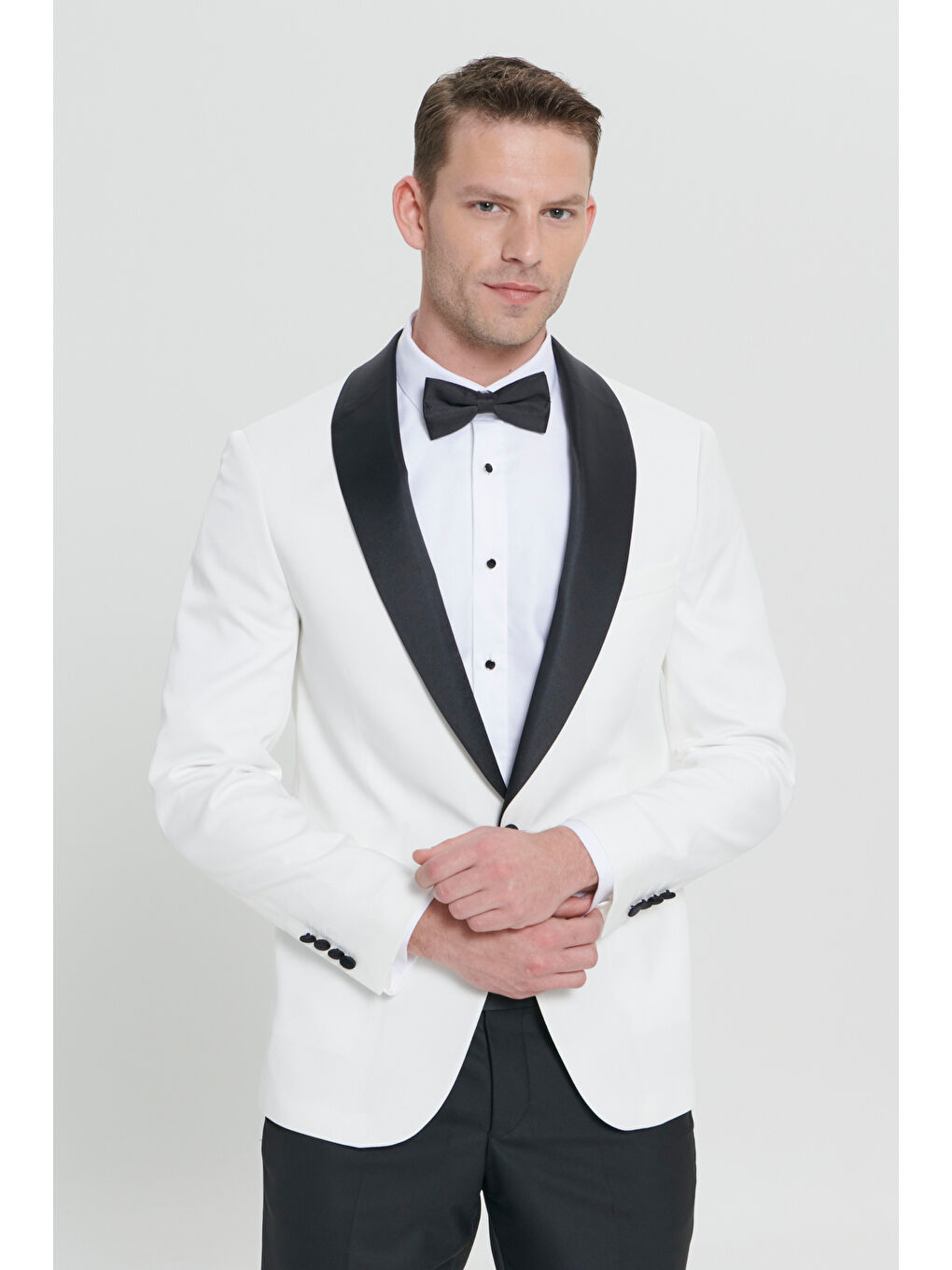 Erkek Beyaz-Siyah Slim Fit Dar Kesim Şal Yaka Armürlü Smokin Takım-4