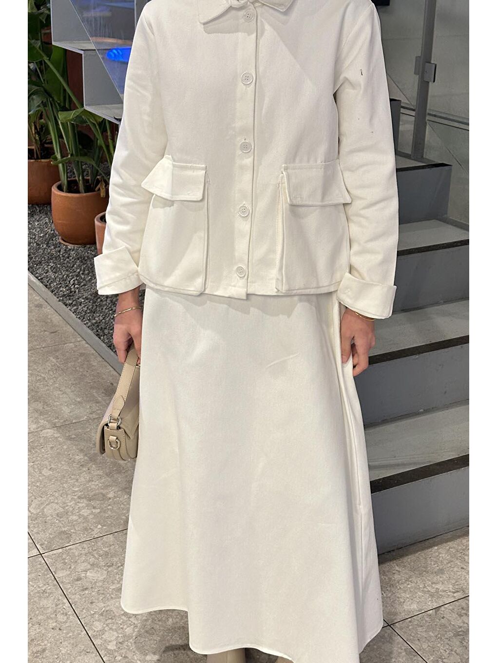 Cep Detaylı İkili Etek Tesettür Takım Beyaz-2