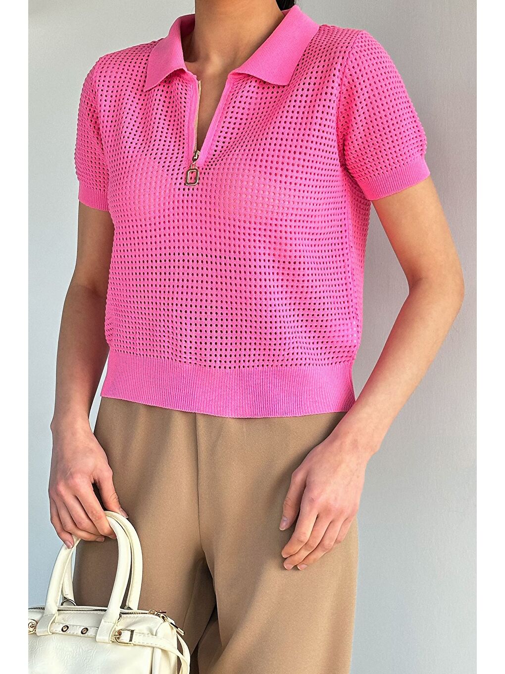 Pembe Kadın Polo Yaka Yarım Fermuarlı Triko Bluz