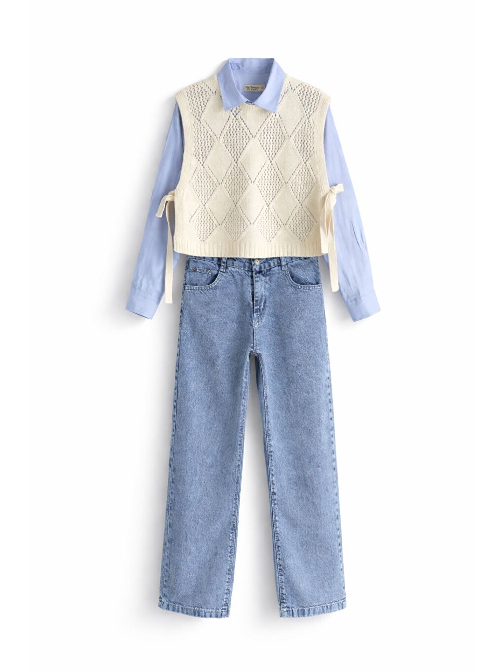 Mavi Düğmeli Gömlekli Jean Pantolonlu Kız Çocuk Triko Süveterli 3lü Takım 23534-1