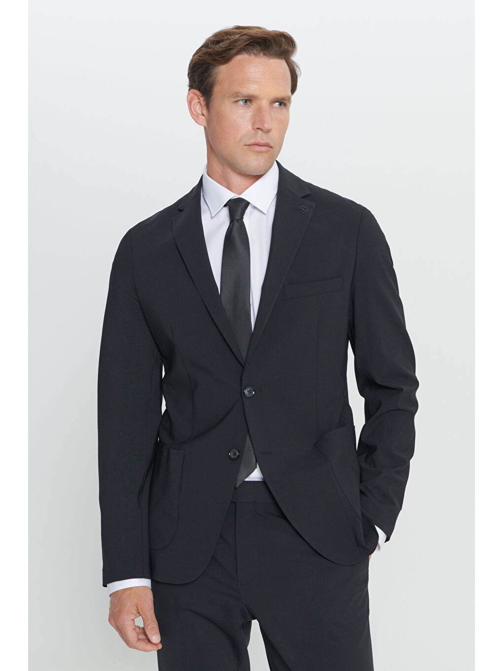 Erkek Siyah Slim Fit Dar Kesim Mono Yaka Yünlü Takım Elbise