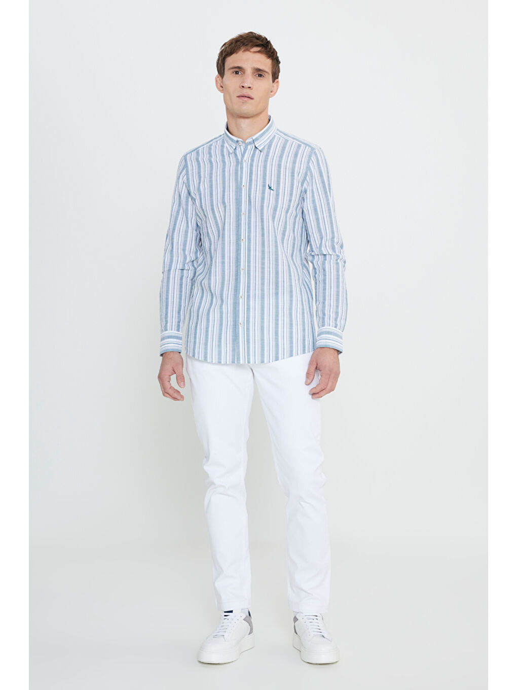 Lila Erkek Ekru-Yeşil Slim Fit Dar Kesim %100 Pamuk Gizli Düğme Yaka Çizgili Gömlek-1