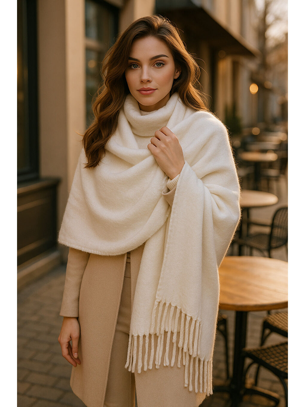 Ekru Püsküllü Atkı – Şal Ve Geniş Yapı, Soğuk Hava Için Ideal Sal1296-1