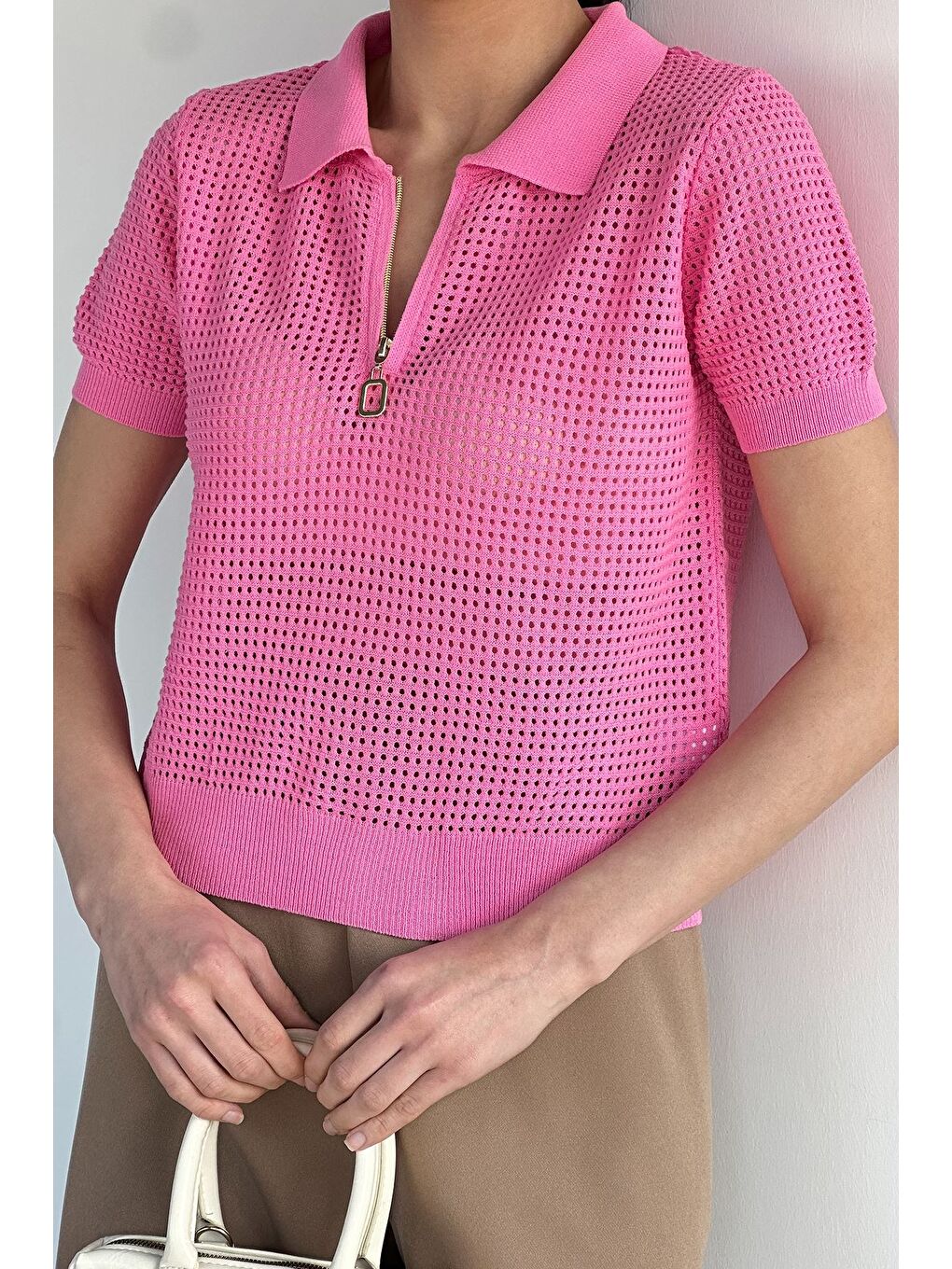 Pembe Kadın Polo Yaka Yarım Fermuarlı Triko Bluz-2