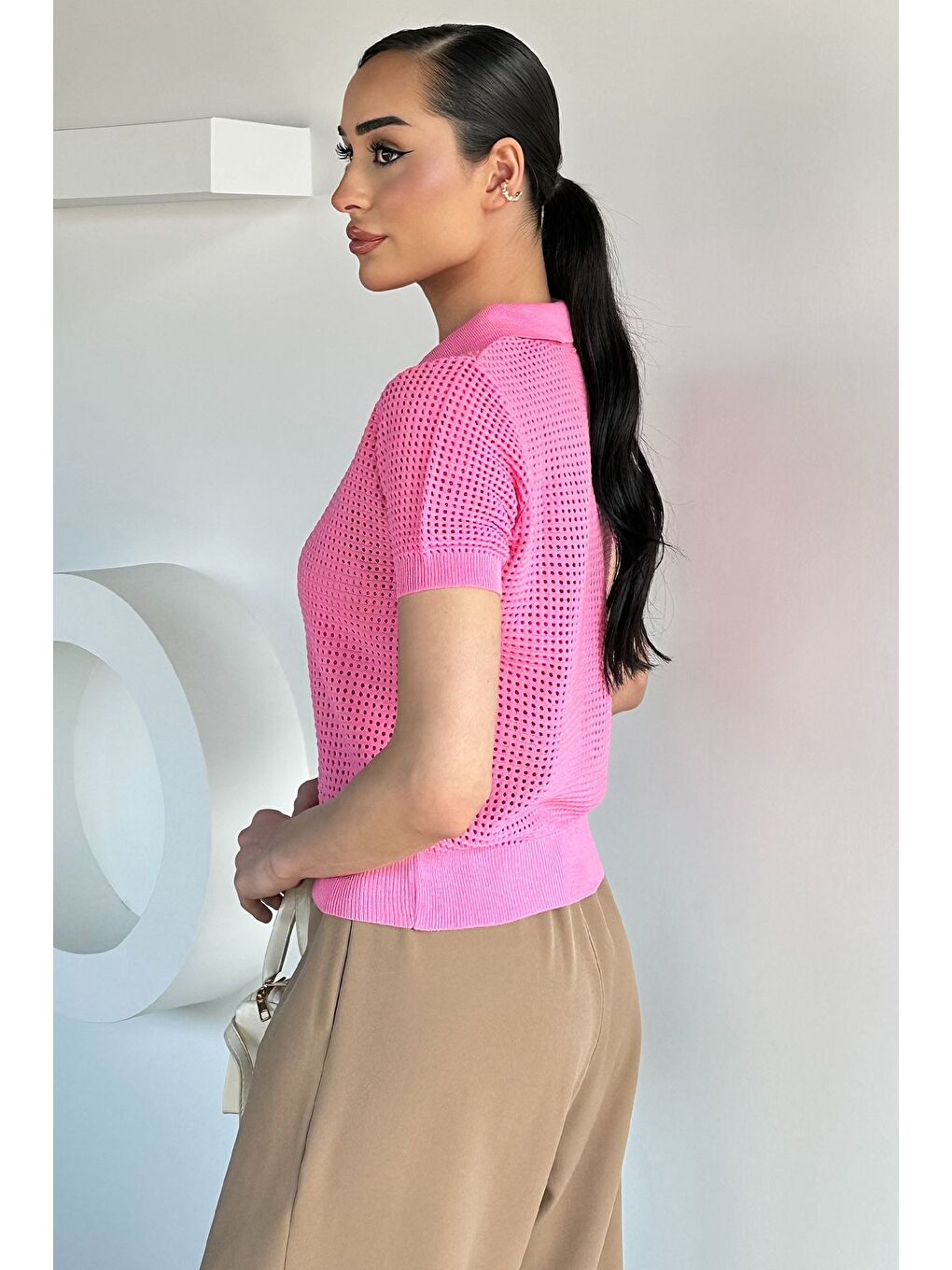 Pembe Kadın Polo Yaka Yarım Fermuarlı Triko Bluz-3
