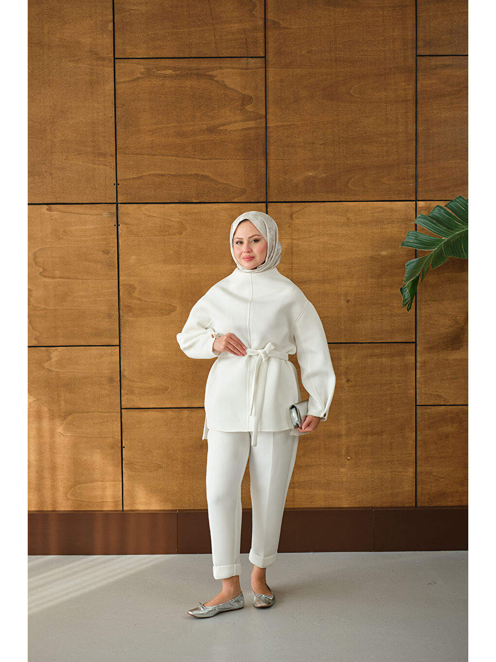 Kadın Bel Bağlamalı Takım Beyaz-2