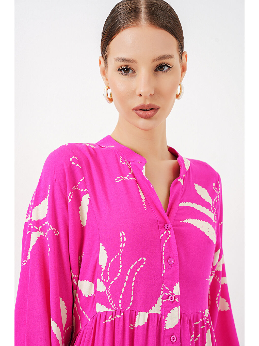 Kadın Desenli Uzun Tesettür Elbise 2585 - Y.Fuşya-1