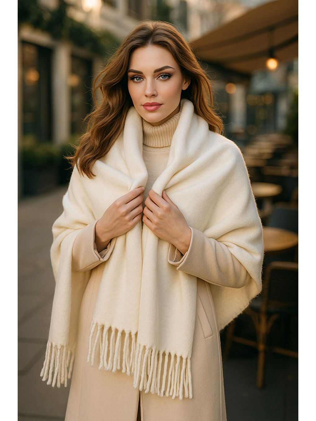 Ekru Püsküllü Atkı – Şal Ve Geniş Yapı, Soğuk Hava Için Ideal Sal1296-2