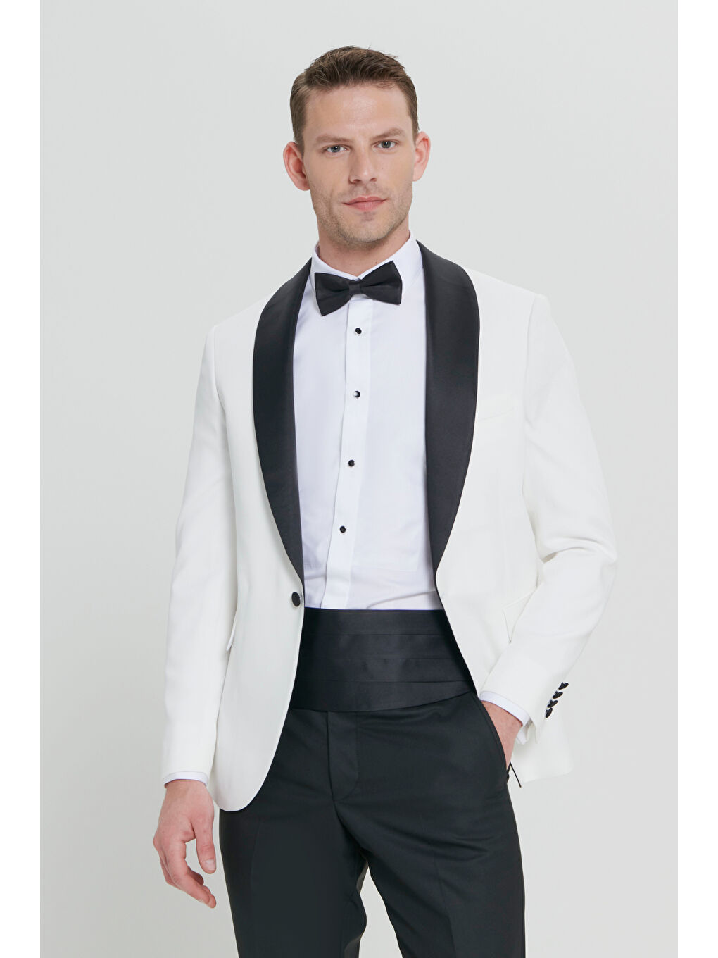 Erkek Beyaz-Siyah Slim Fit Dar Kesim Şal Yaka Armürlü Smokin Takım-5