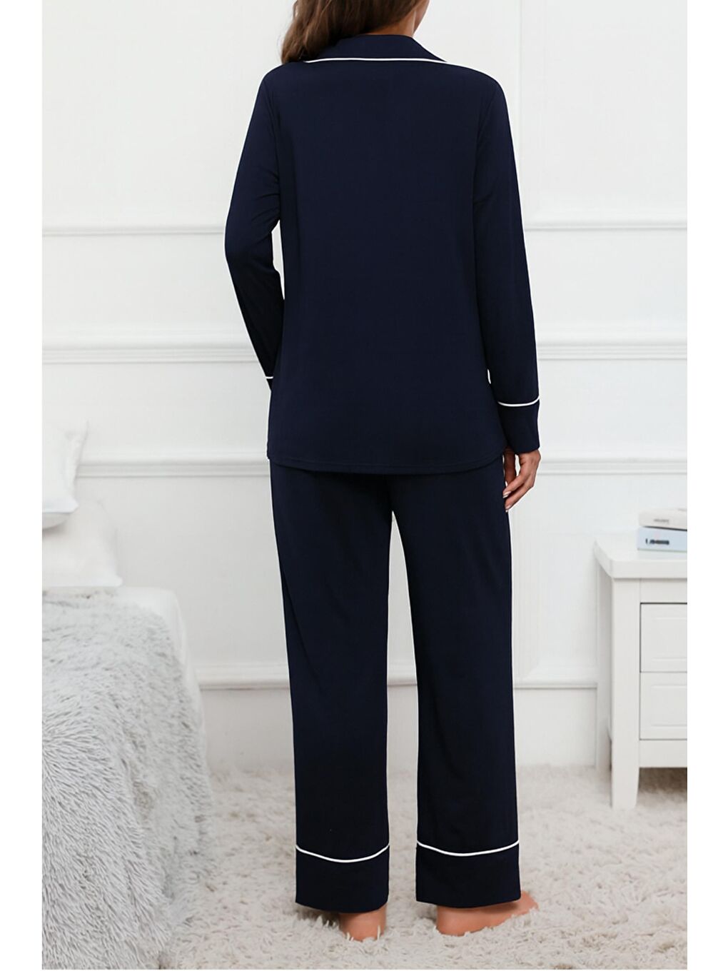 Lacivert Gömlek Yaka Önden Düğmeli Uzun Kol Rahat Form Hamile ve Lohusa Pijama Takımı-1