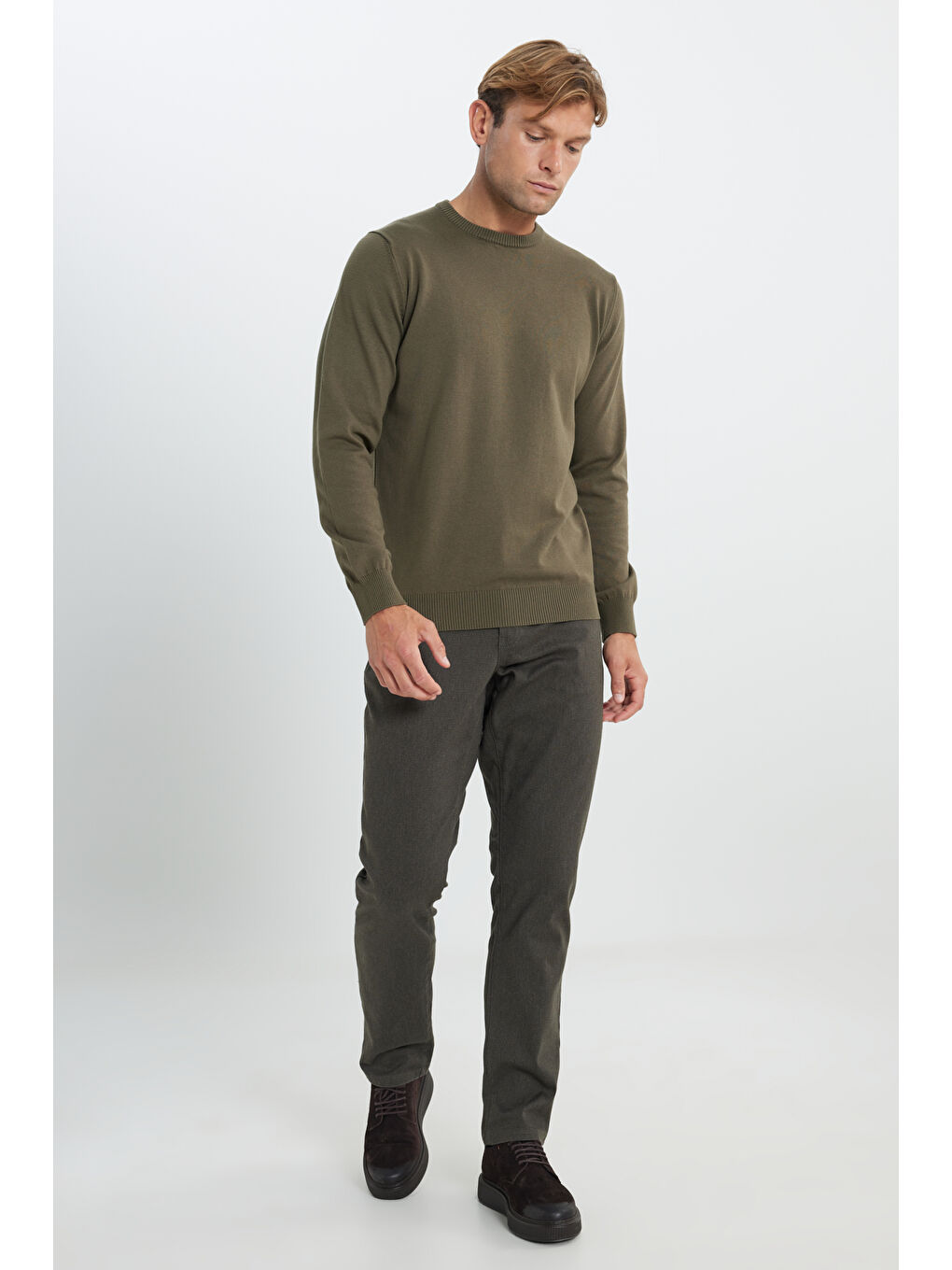 Erkek Haki Pamuklu Standart Fit Normal Kesim Bisiklet Yaka Triko Kazak-1