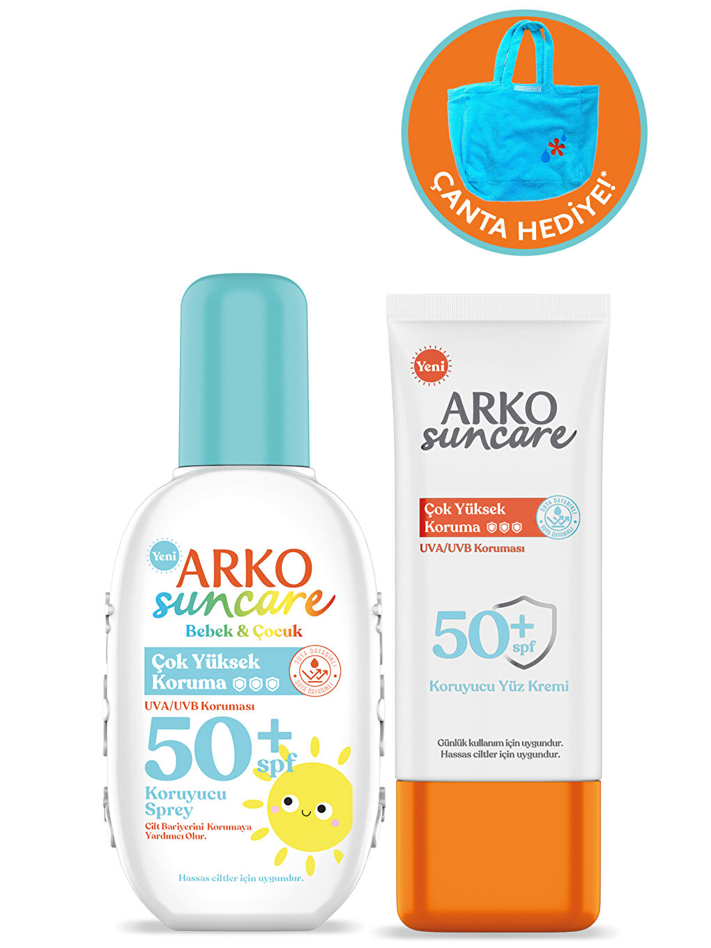 Arko Beyaz Spf50+ Çocuk Bebek Güneş Kremi 200 ml & Spf50+ Yüz Güneş Kremi 50 ml İkili Yaz Seti Çanta Hediyeli