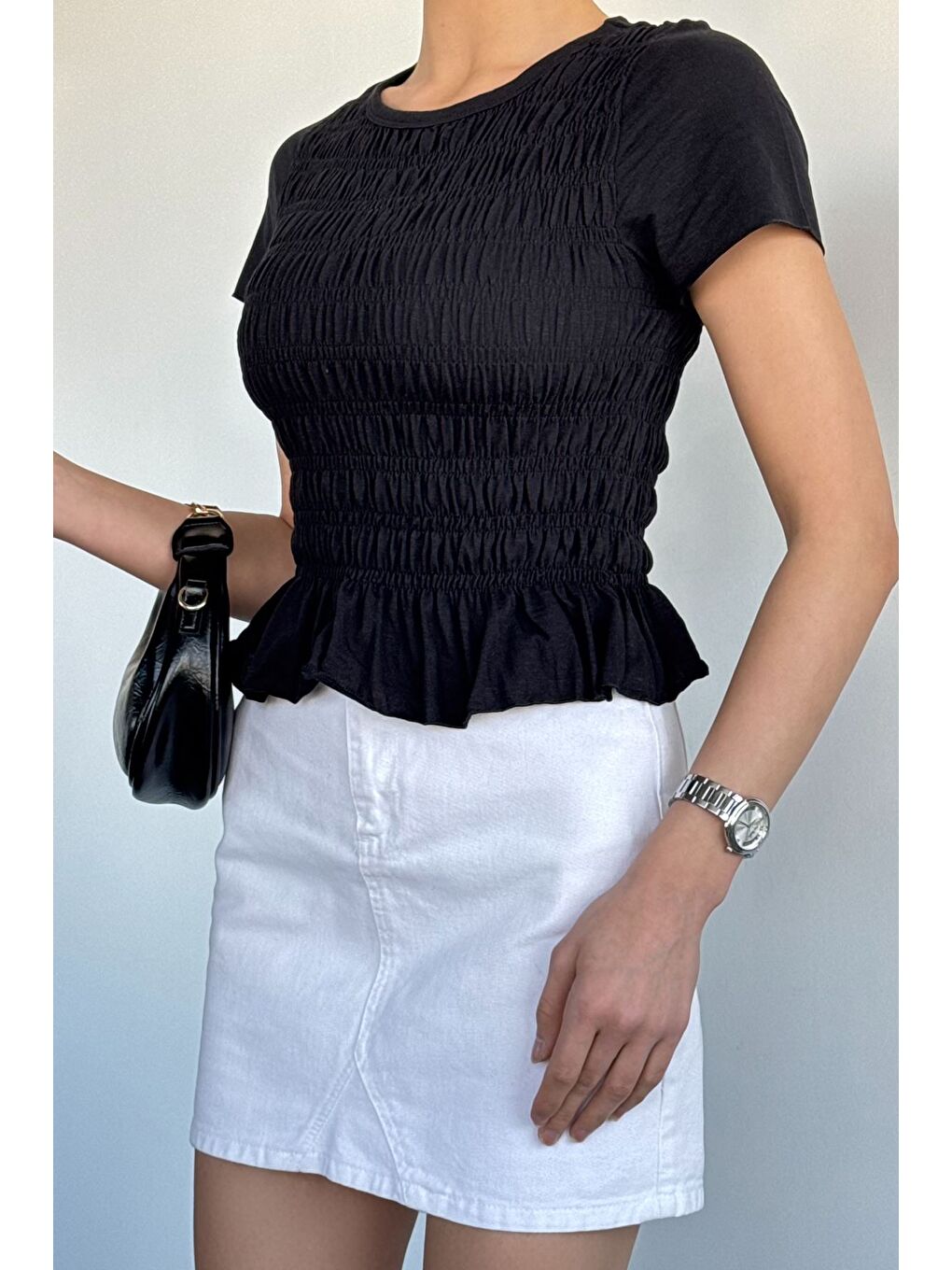 Siyah Kadın Bisiklet Yaka Gipeli Elastanlı Bluz