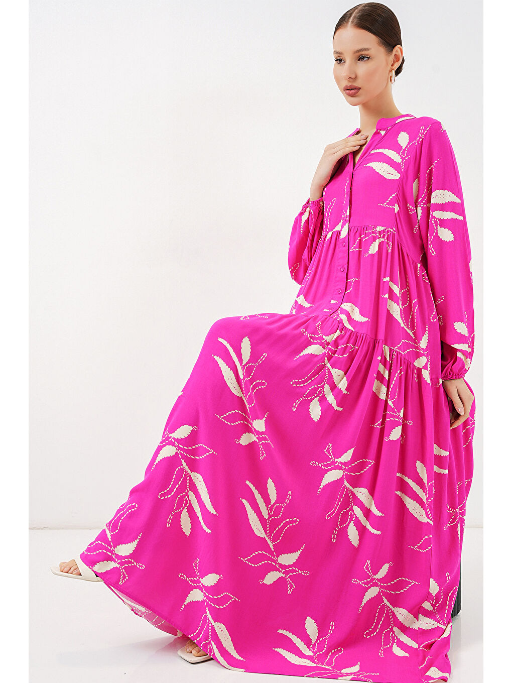 Kadın Desenli Uzun Tesettür Elbise 2585 - Y.Fuşya-2