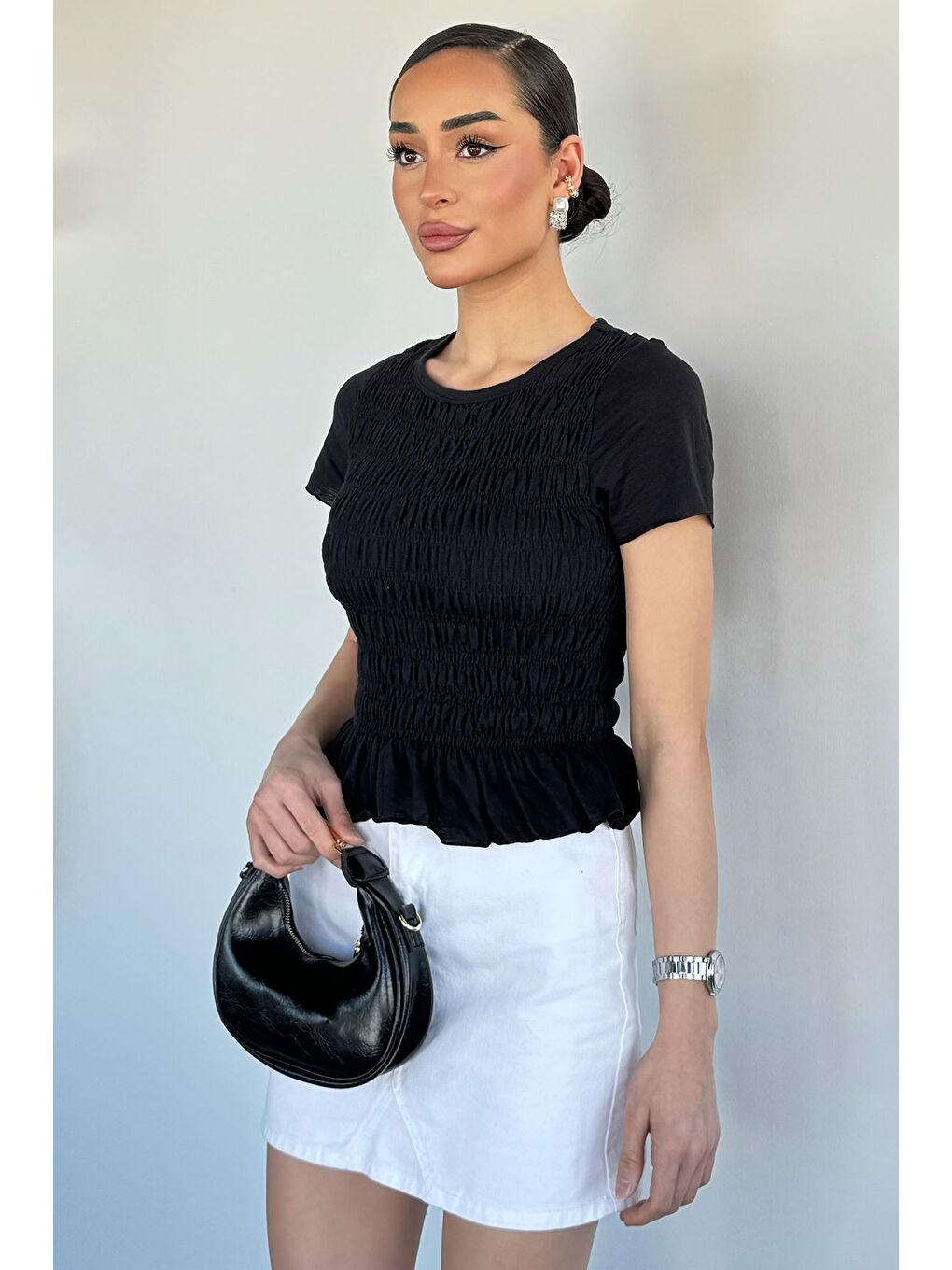 Siyah Kadın Bisiklet Yaka Gipeli Elastanlı Bluz-1