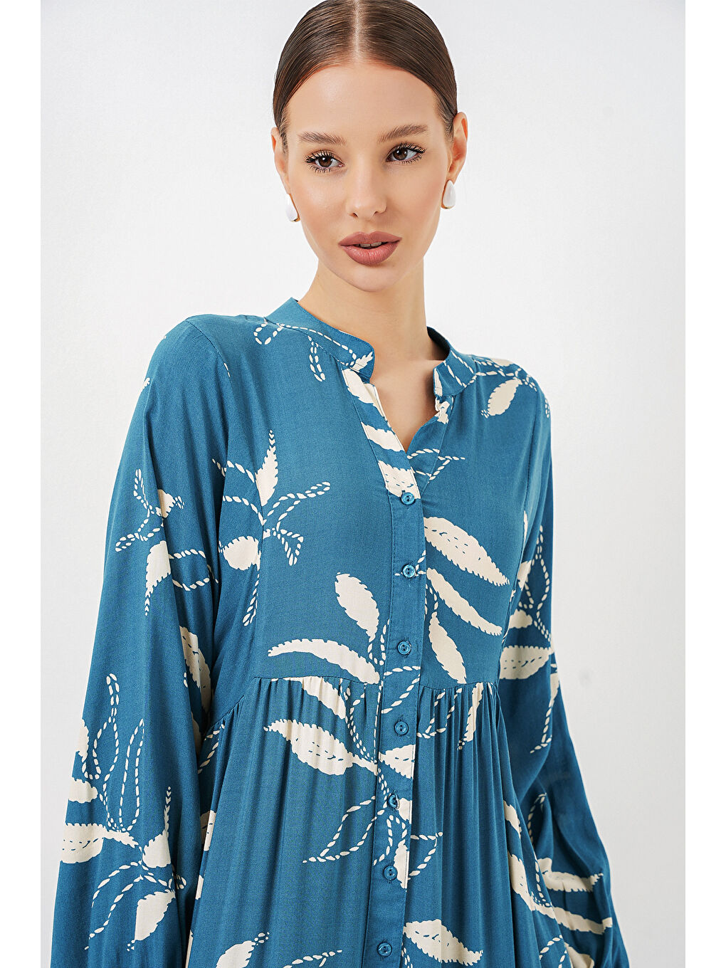 Kadın Desenli Uzun Tesettür Elbise 2585 - Petrol-1