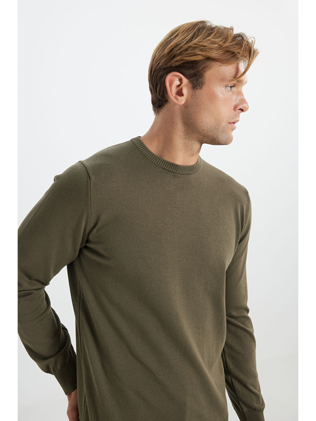 Erkek Haki Pamuklu Standart Fit Normal Kesim Bisiklet Yaka Triko Kazak-2