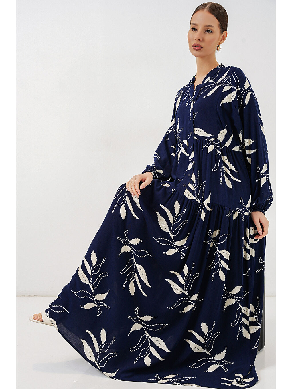 Kadın Desenli Uzun Tesettür Elbise 2585 - D.Lacivert-2