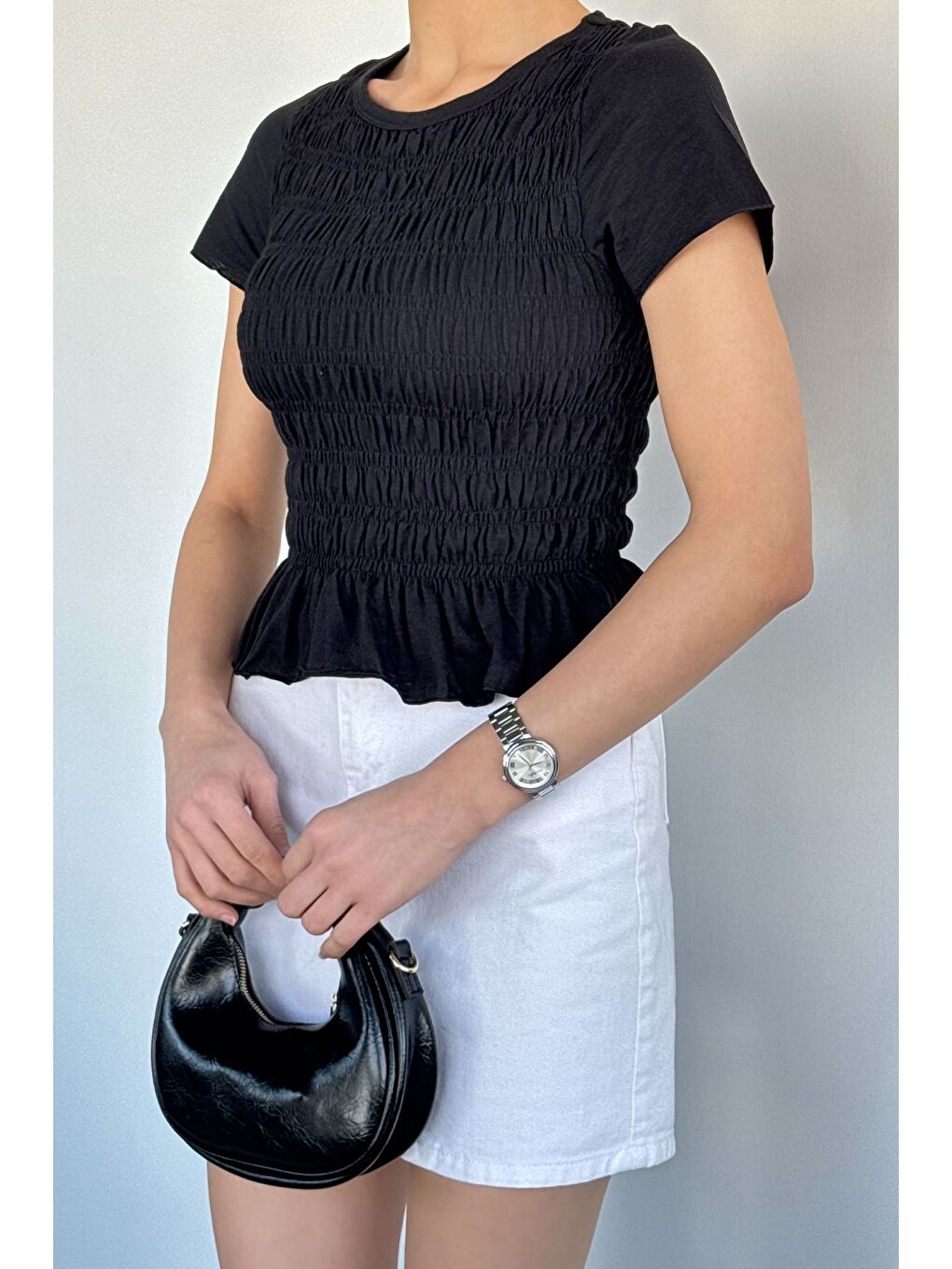 Siyah Kadın Bisiklet Yaka Gipeli Elastanlı Bluz-2
