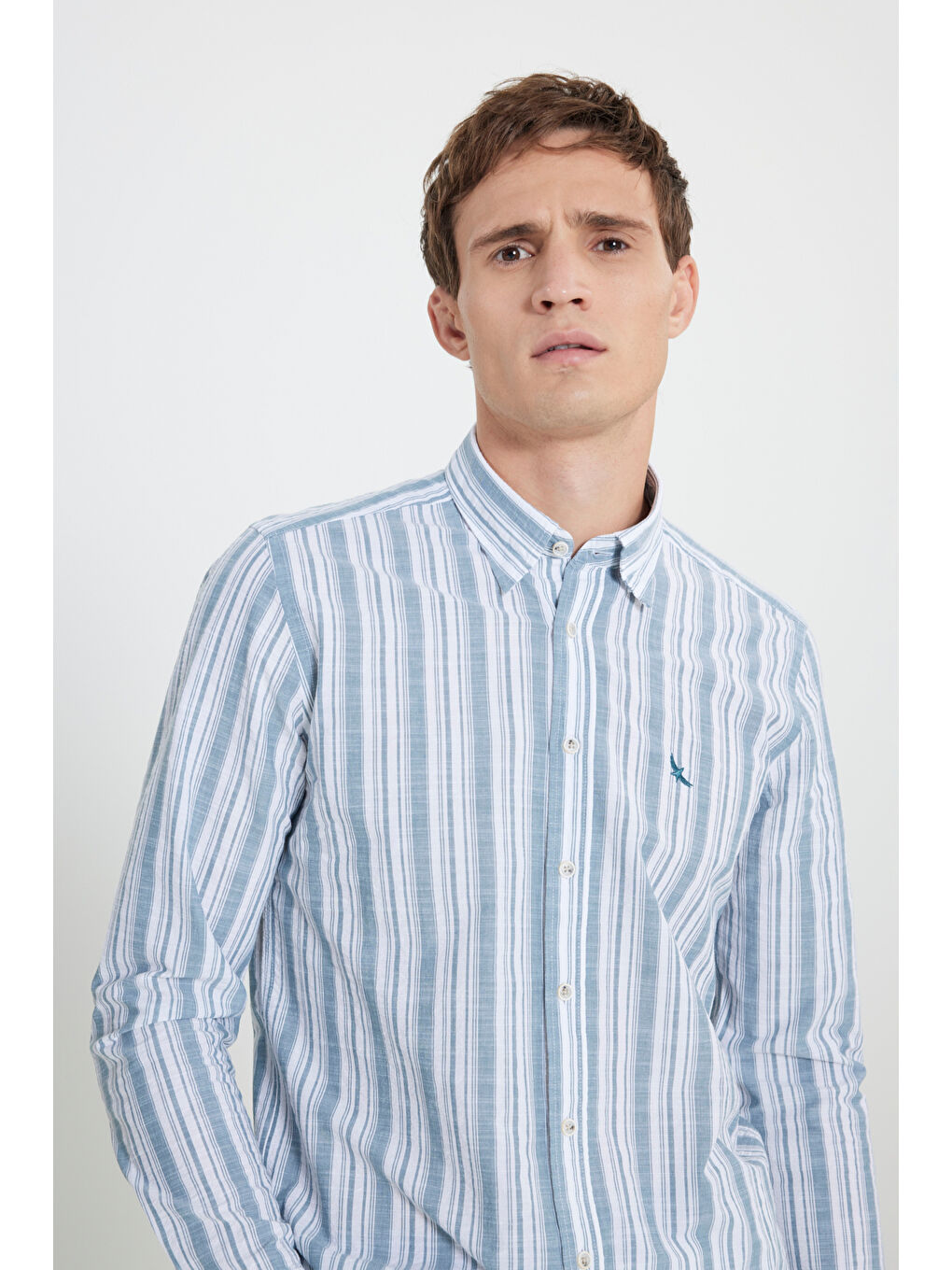 Lila Erkek Ekru-Yeşil Slim Fit Dar Kesim %100 Pamuk Gizli Düğme Yaka Çizgili Gömlek-2