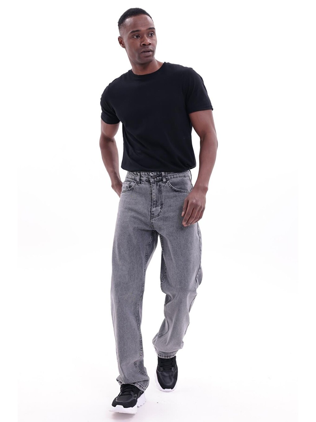 Gri Erkek Baggy Bol Kesim Jean Pantolon-1