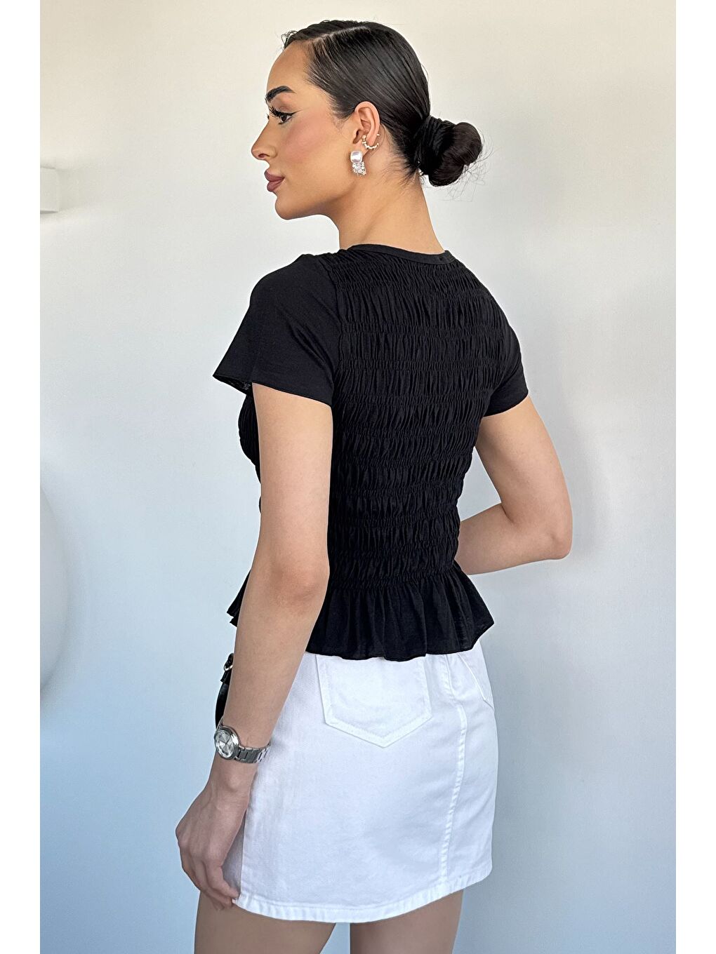 Siyah Kadın Bisiklet Yaka Gipeli Elastanlı Bluz-3