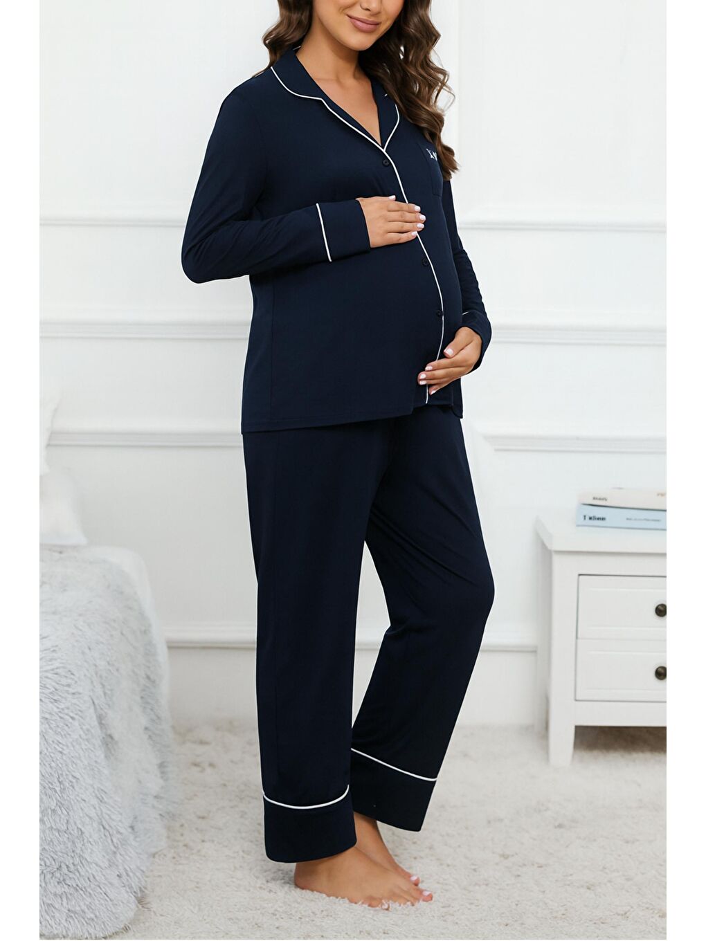 Lacivert Gömlek Yaka Önden Düğmeli Uzun Kol Rahat Form Hamile ve Lohusa Pijama Takımı-2