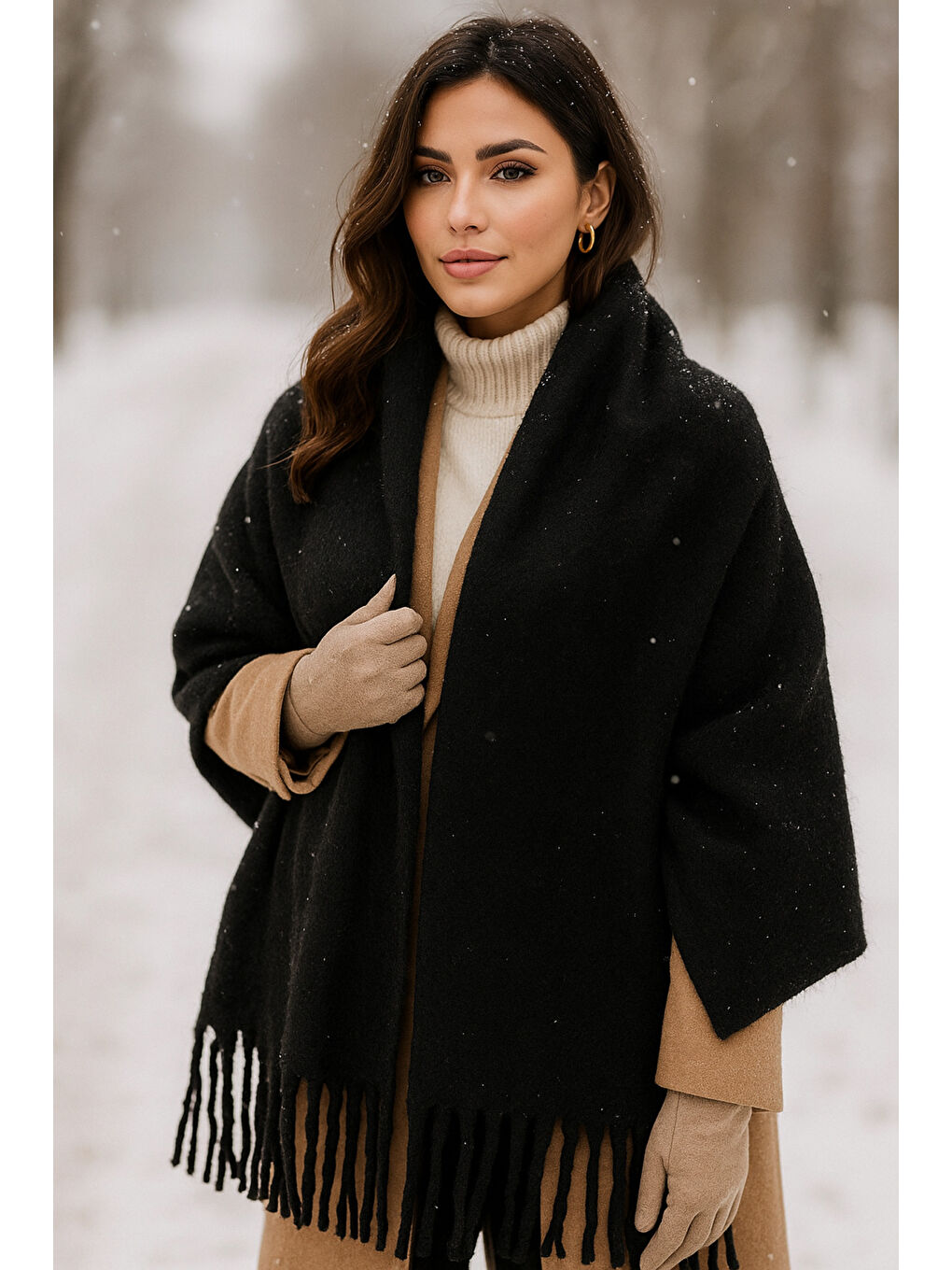 Siyah Püsküllü Atkı – Şal Ve Geniş Yapı, Soğuk Hava Için Ideal Sal1296-1