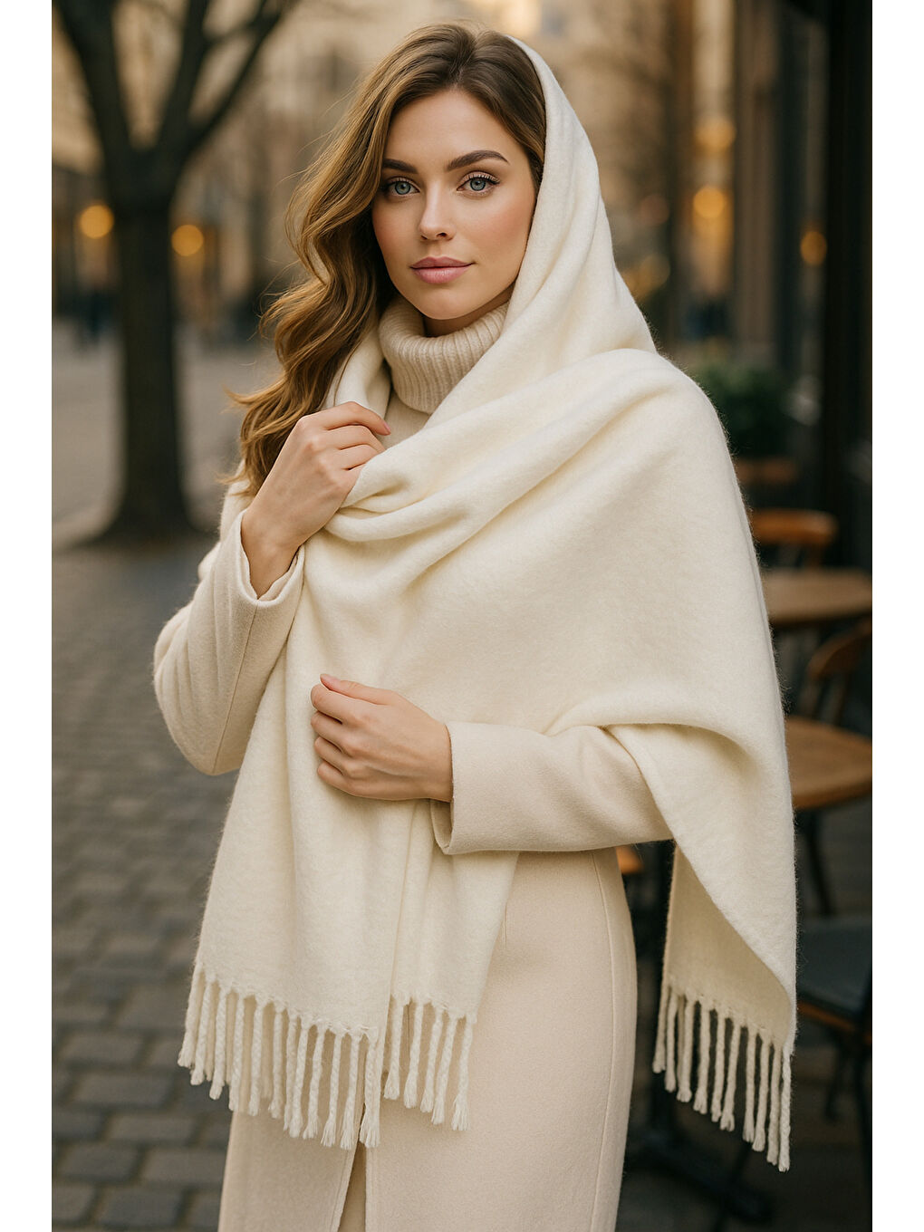 Ekru Püsküllü Atkı – Şal Ve Geniş Yapı, Soğuk Hava Için Ideal Sal1296-3