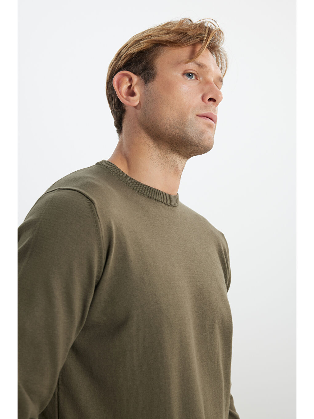 Erkek Haki Pamuklu Standart Fit Normal Kesim Bisiklet Yaka Triko Kazak-3