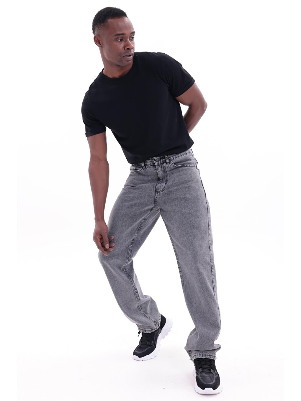 Gri Erkek Baggy Bol Kesim Jean Pantolon-3
