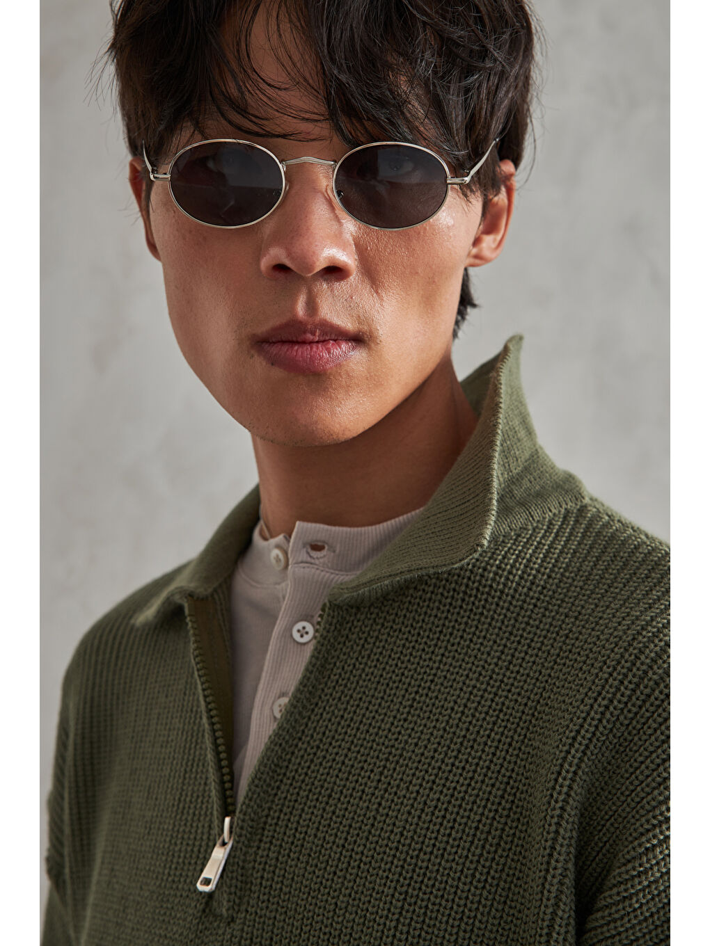 Haki Erkek Yakası Fermuarlı Oversize Kazak-6