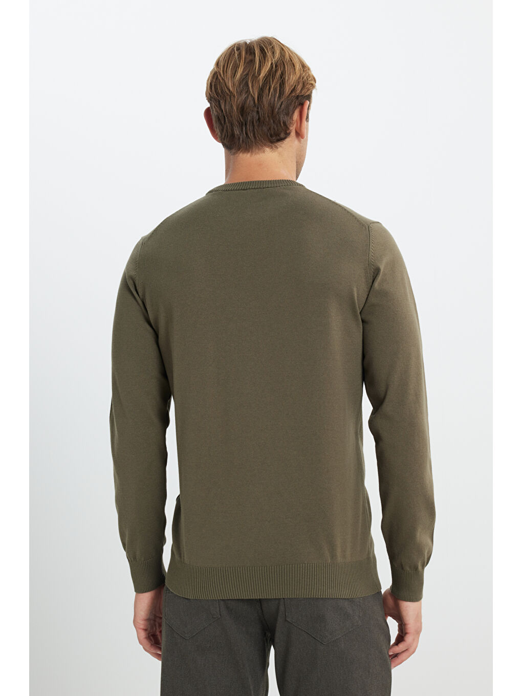 Erkek Haki Pamuklu Standart Fit Normal Kesim Bisiklet Yaka Triko Kazak-4