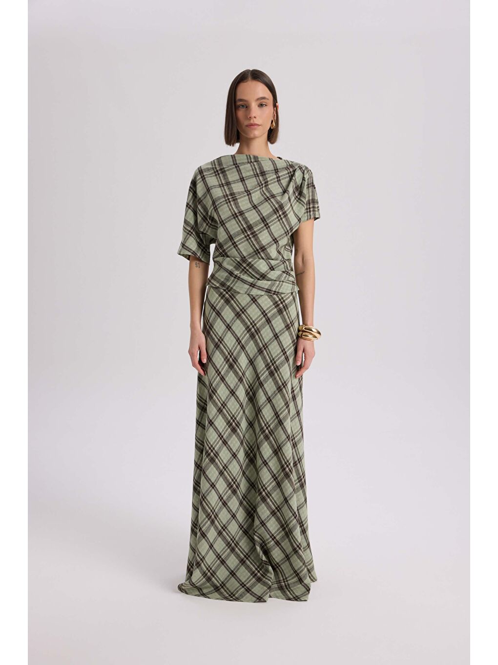 Petunya Ekoseli Yeşil Crop Etek Takım-1