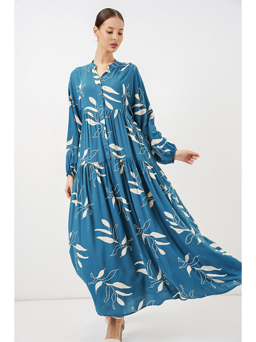 Kadın Desenli Uzun Tesettür Elbise 2585 - Petrol-2