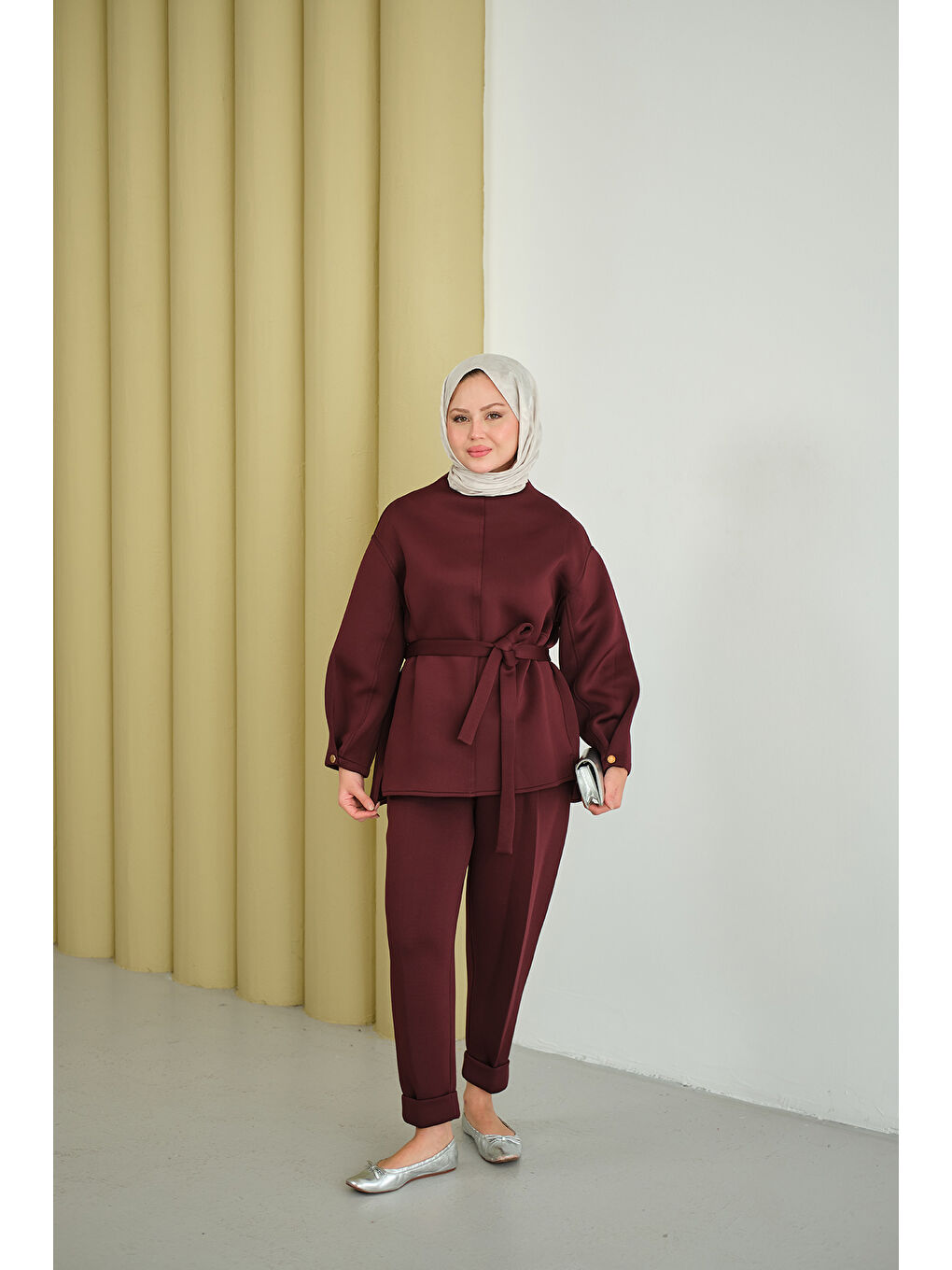 Kadın Bel Bağlamalı Takım Bordo