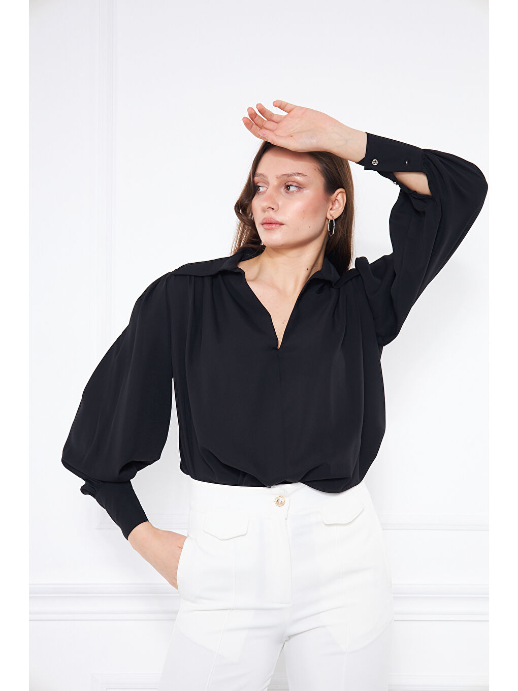 Kadın Trend Balon Kol Oversize Siyah Bluz Gömlek-1