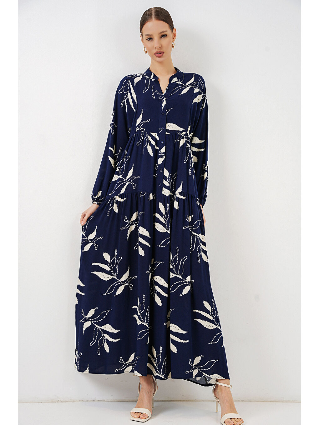 Kadın Desenli Uzun Tesettür Elbise 2585 - D.Lacivert-3