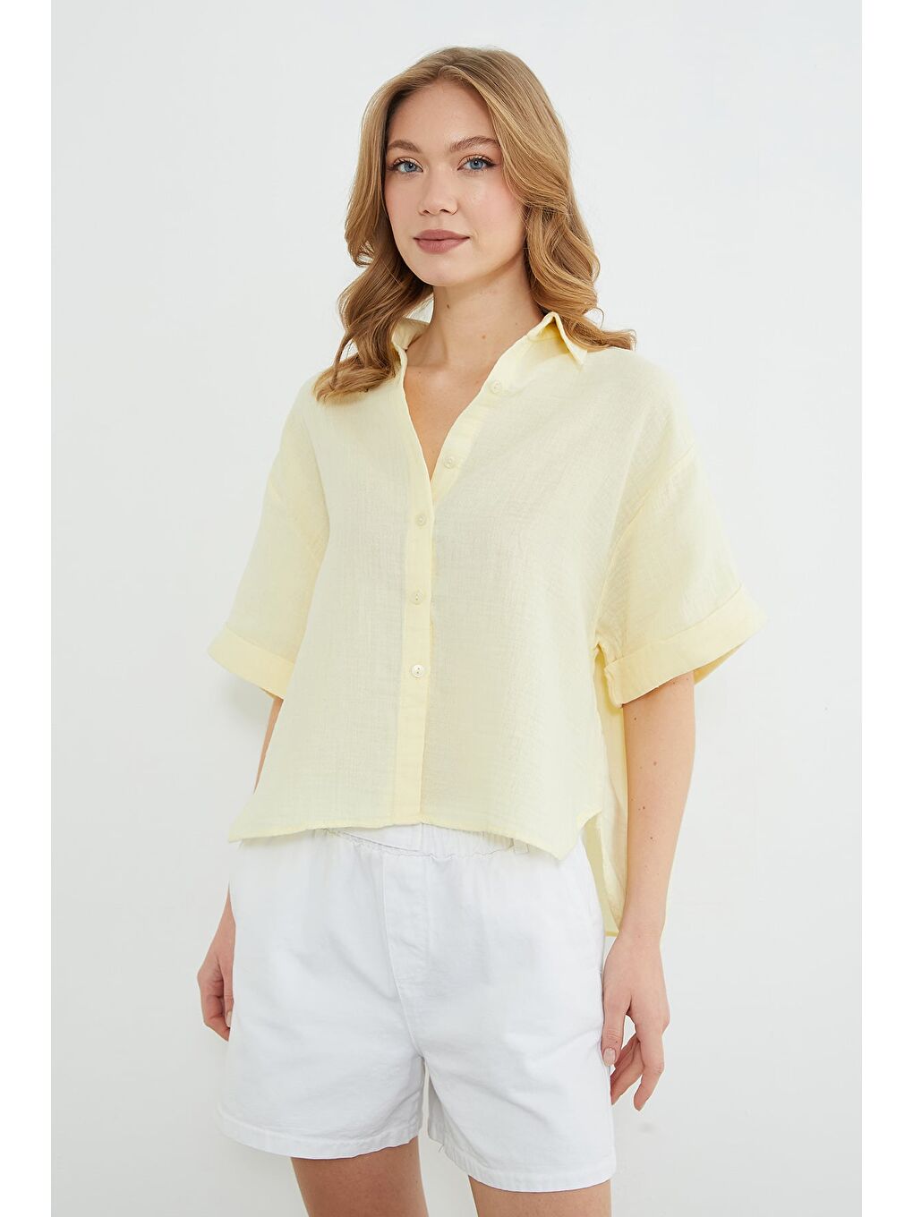 Sarı Basic Kolu Katlı Müslin Kumaş Salaş Gömlek-1