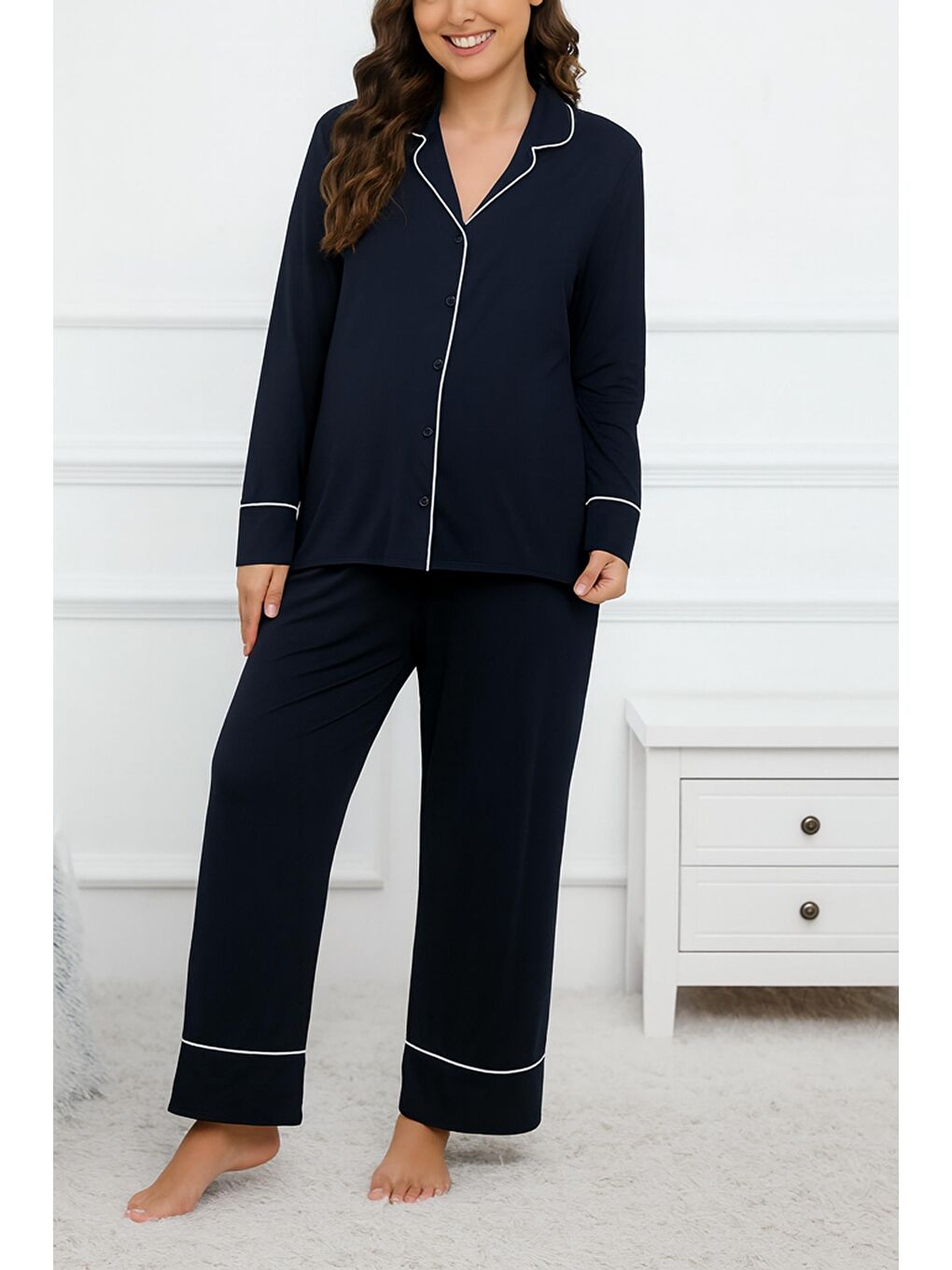 Lacivert Gömlek Yaka Önden Düğmeli Uzun Kol Rahat Form Hamile ve Lohusa Pijama Takımı-3