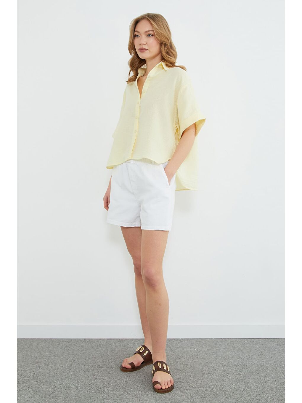 Sarı Basic Kolu Katlı Müslin Kumaş Salaş Gömlek-2